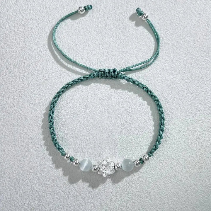 Buddha Stones 999 Sterling Silver Lotus Design Cat’s Eye Bead Protection String Bracelet - BWOOOH - Lotus Green(Wrist