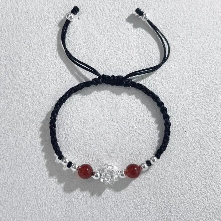 Buddha Stones 999 Sterling Silver Lotus Design Cat’s Eye Bead Protection String Bracelet - BWOOOH - Lotus Red Bead