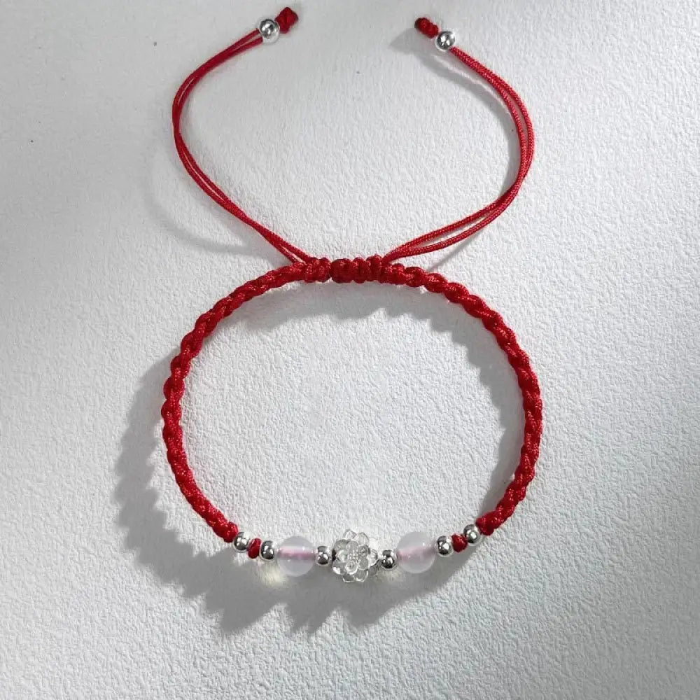 Buddha Stones 999 Sterling Silver Lotus Design Cat’s Eye Bead Protection String Bracelet - BWOOOH - Lotus Red(Wrist