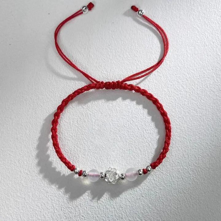 Buddha Stones 999 Sterling Silver Lotus Design Cat’s Eye Bead Protection String Bracelet - BWOOOH - Lotus Red(Wrist