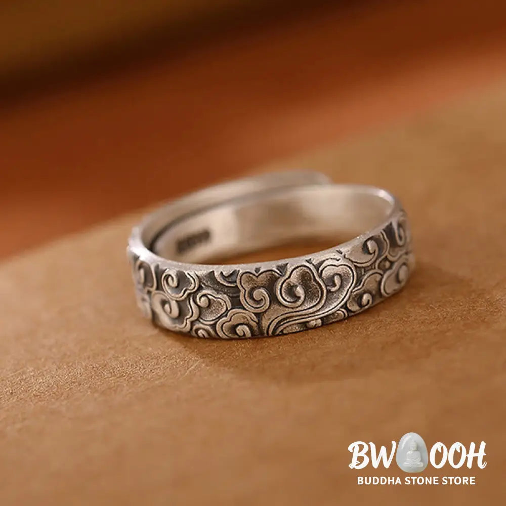 Buddha Stones 999 Sterling Silver Lotus Flower Plum Blossom Auspicious Clouds Engraved Enlightenment Ring - BWOOOH