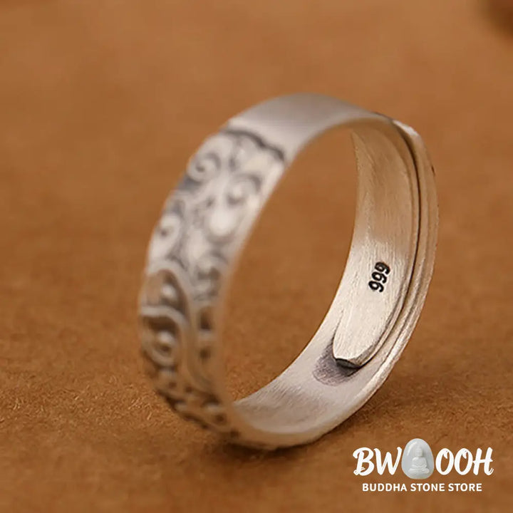 Buddha Stones 999 Sterling Silver Lotus Flower Plum Blossom Auspicious Clouds Engraved Enlightenment Ring - BWOOOH