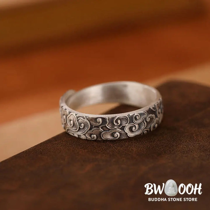 Buddha Stones 999 Sterling Silver Lotus Flower Plum Blossom Auspicious Clouds Engraved Enlightenment Ring - BWOOOH