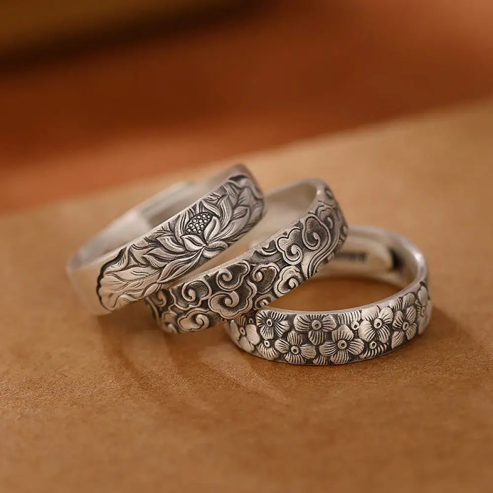 BWOOOH 999 Sterling Silver Lotus Flower Plum Blossom Auspicious Clouds Engraved Enlightenment Ring — Sterling Silver cryst...