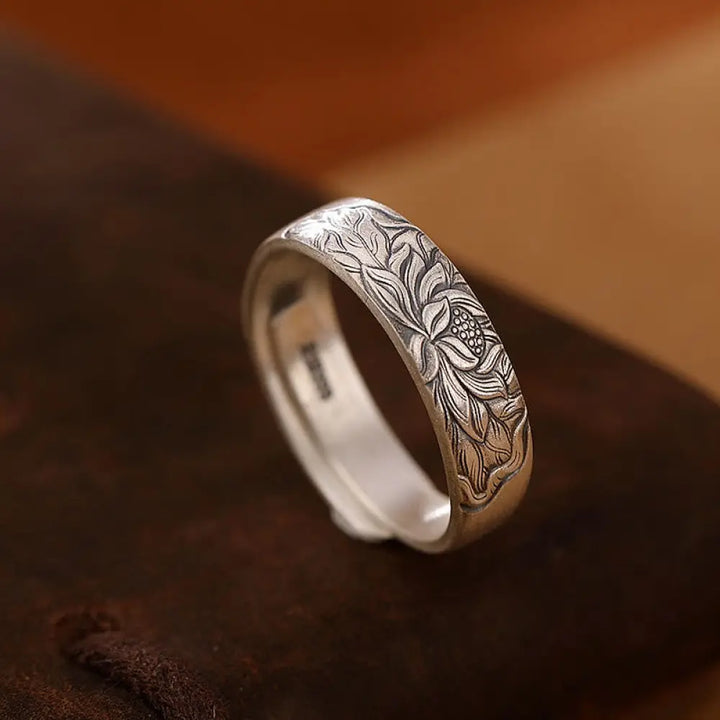 Buddha Stones 999 Sterling Silver Lotus Flower Plum Blossom Auspicious Clouds Engraved Enlightenment Ring - BWOOOH