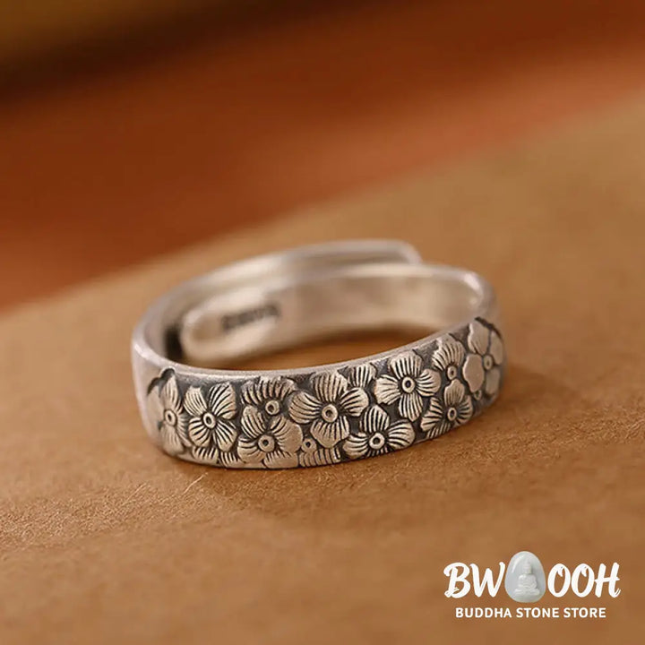 Buddha Stones 999 Sterling Silver Lotus Flower Plum Blossom Auspicious Clouds Engraved Enlightenment Ring - BWOOOH