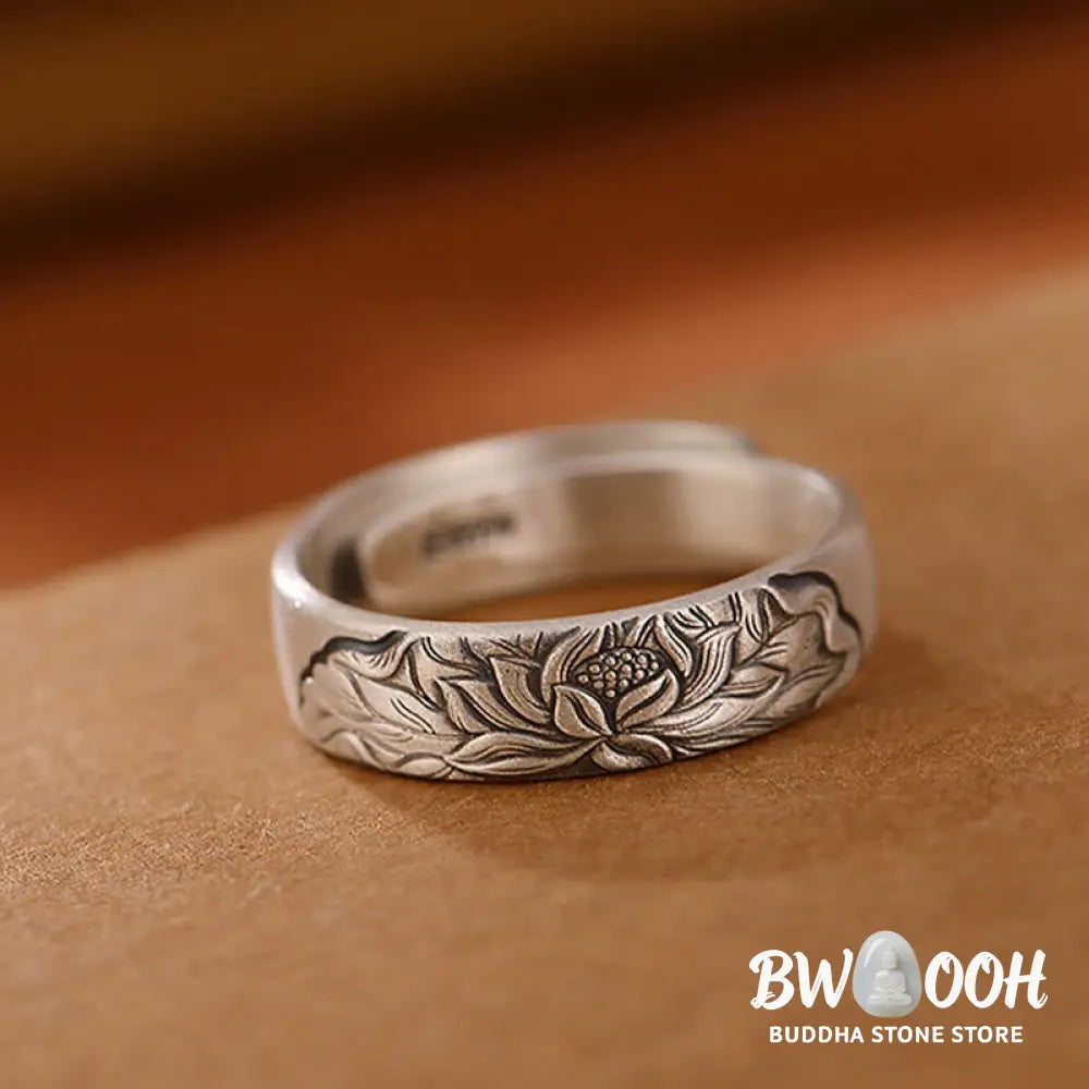 Buddha Stones 999 Sterling Silver Lotus Flower Plum Blossom Auspicious Clouds Engraved Enlightenment Ring - BWOOOH