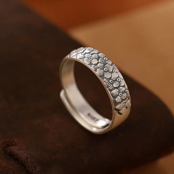 Buddha Stones 999 Sterling Silver Lotus Flower Plum Blossom Auspicious Clouds Engraved Enlightenment Ring - BWOOOH