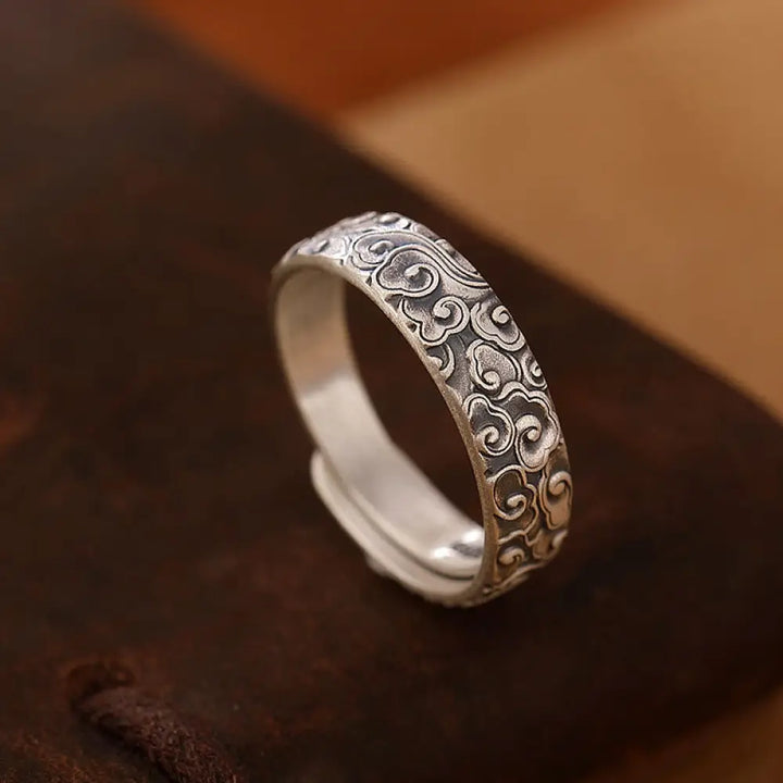 Buddha Stones 999 Sterling Silver Lotus Flower Plum Blossom Auspicious Clouds Engraved Enlightenment Ring - BWOOOH