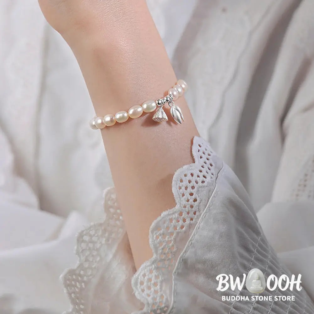 Buddha Stones 999 Sterling Silver Lotus Flower Pod Natural Pearl Healing Bracelet - BWOOOH - 14-16cm - Bracelet