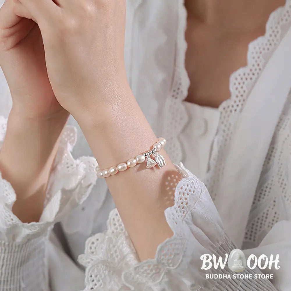 Buddha Stones 999 Sterling Silver Lotus Flower Pod Natural Pearl Healing Bracelet - BWOOOH - 14-16cm - Bracelet