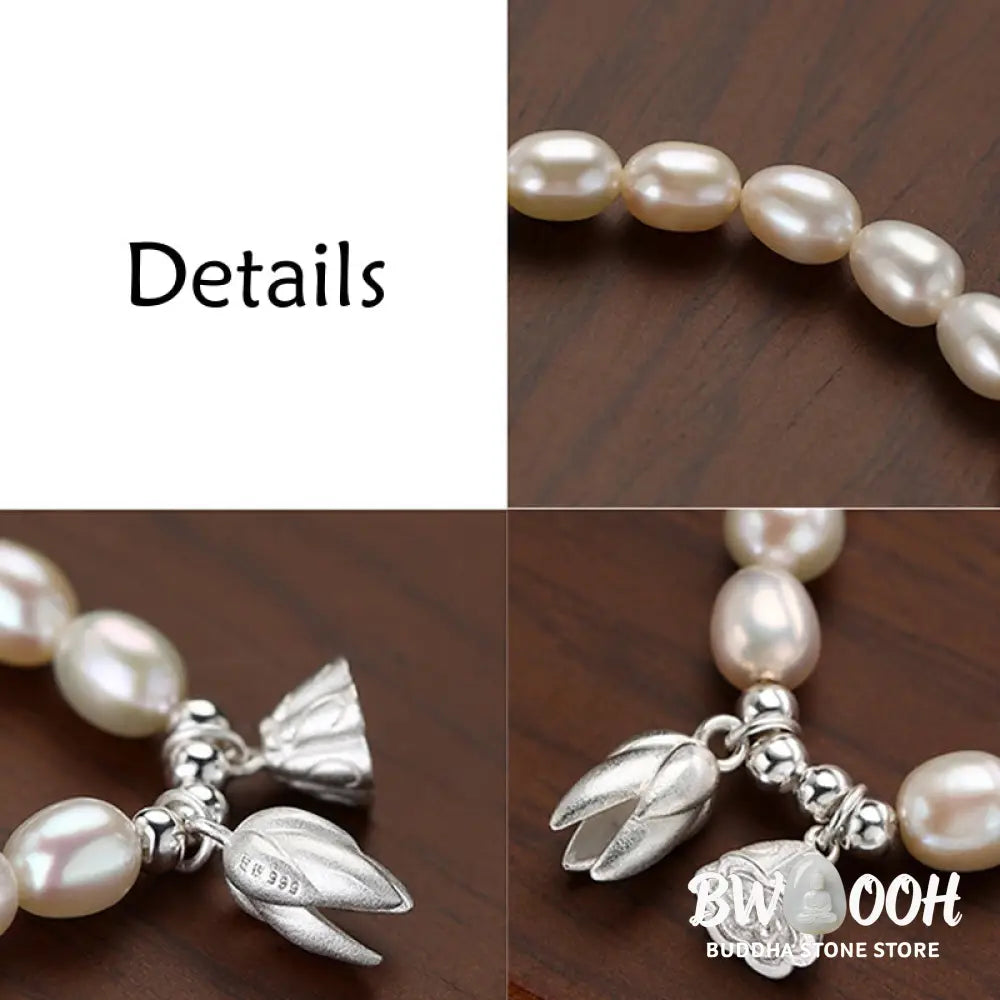 Buddha Stones 999 Sterling Silver Lotus Flower Pod Natural Pearl Healing Bracelet - BWOOOH - 14-16cm - Bracelet