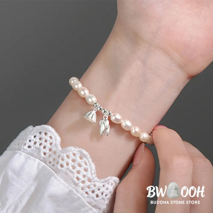 Buddha Stones 999 Sterling Silver Lotus Flower Pod Natural Pearl Healing Bracelet - BWOOOH - 14-16cm - Bracelet