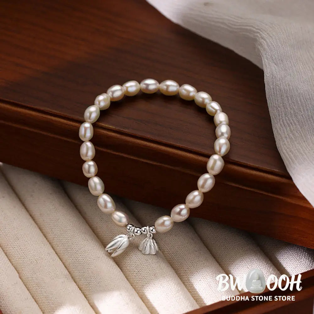 Buddha Stones 999 Sterling Silver Lotus Flower Pod Natural Pearl Healing Bracelet - BWOOOH - 14-16cm - Bracelet