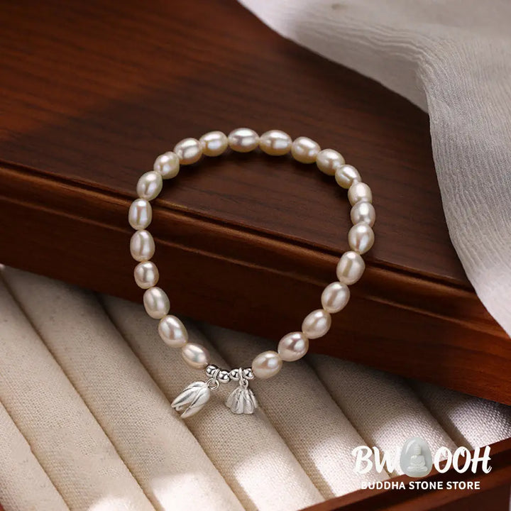 Buddha Stones 999 Sterling Silver Lotus Flower Pod Natural Pearl Healing Bracelet - BWOOOH - 14-16cm - Bracelet
