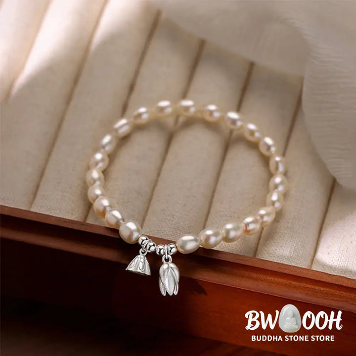 Buddha Stones 999 Sterling Silver Lotus Flower Pod Natural Pearl Healing Bracelet - BWOOOH - 14-16cm - Bracelet