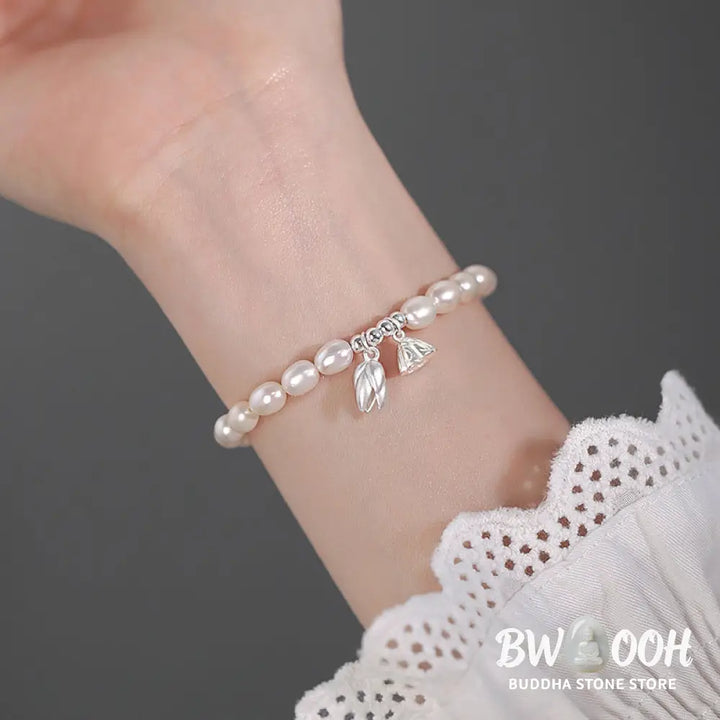 Buddha Stones 999 Sterling Silver Lotus Flower Pod Natural Pearl Healing Bracelet - BWOOOH - 14-16cm - Bracelet