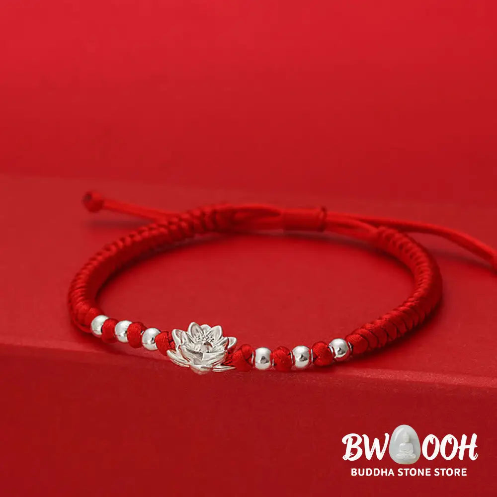 Buddha Stones 999 Sterling Silver Lotus Symbol 990 Sterling Silver Bead Red String Luck Bracelet - Bracelet