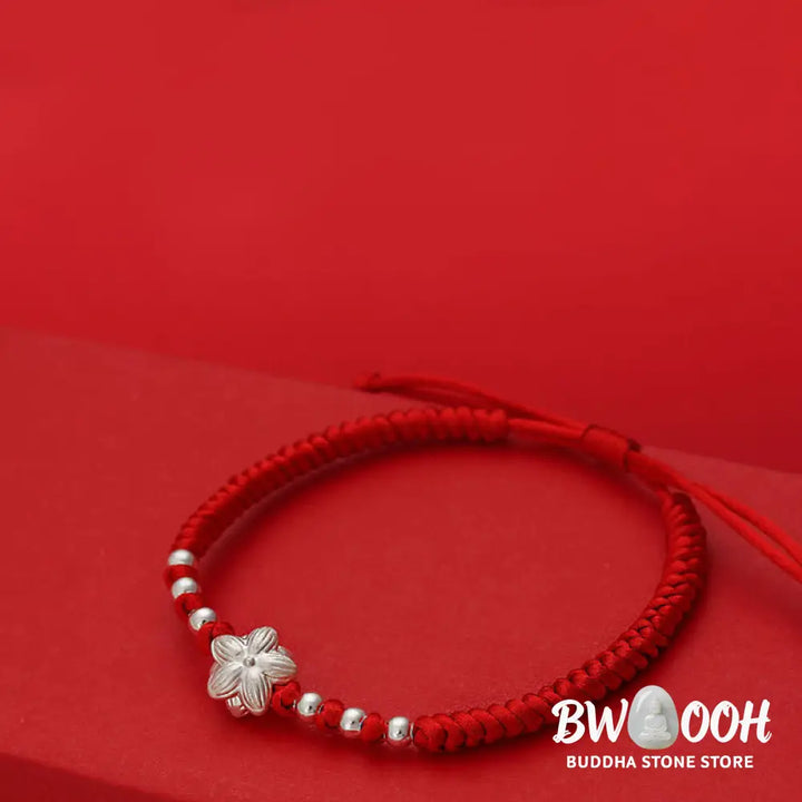 Buddha Stones 999 Sterling Silver Lotus Symbol 990 Sterling Silver Bead Red String Luck Bracelet - Bracelet