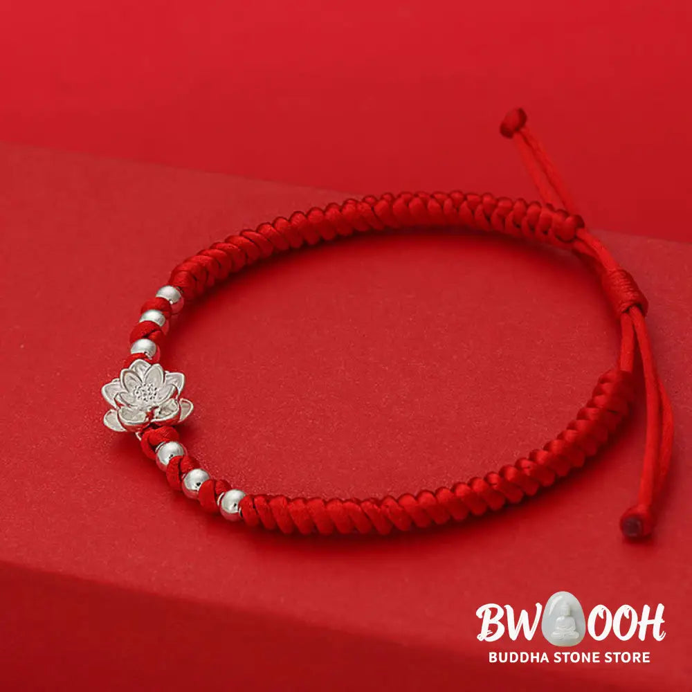Buddha Stones 999 Sterling Silver Lotus Symbol 990 Sterling Silver Bead Red String Luck Bracelet - Bracelet