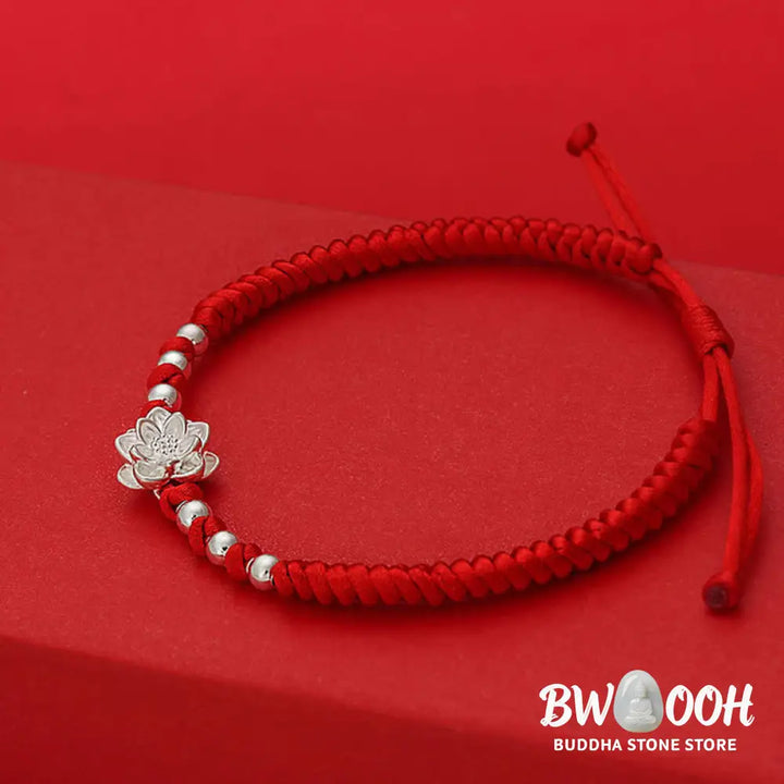 Buddha Stones 999 Sterling Silver Lotus Symbol 990 Sterling Silver Bead Red String Luck Bracelet - Bracelet