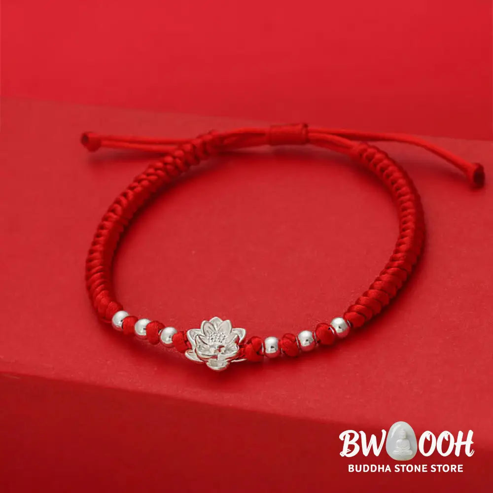 Buddha Stones 999 Sterling Silver Lotus Symbol 990 Sterling Silver Bead Red String Luck Bracelet - Bracelet