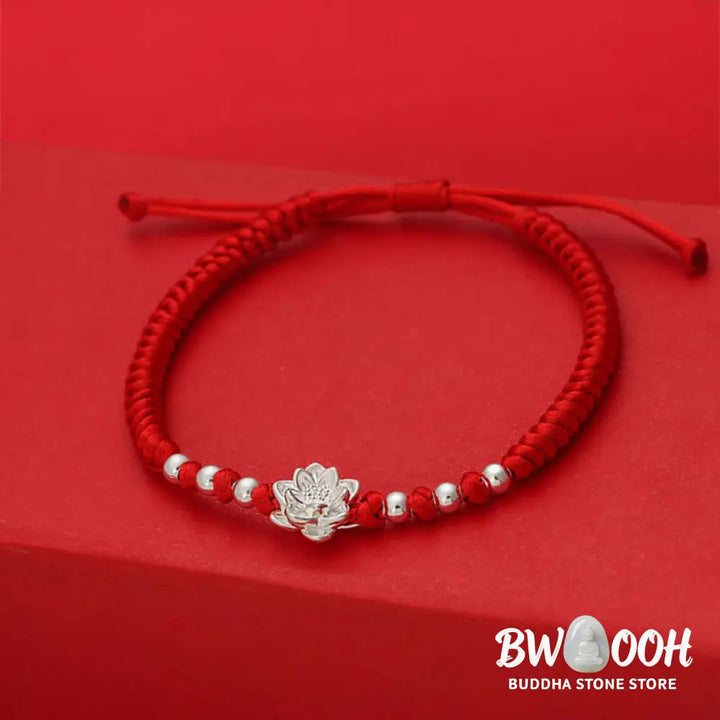 Buddha Stones 999 Sterling Silver Lotus Symbol 990 Sterling Silver Bead Red String Luck Bracelet - Bracelet