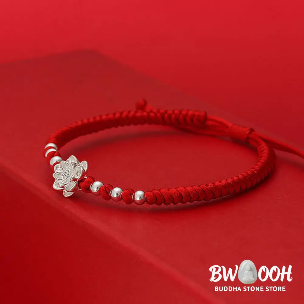 Buddha Stones 999 Sterling Silver Lotus Symbol 990 Sterling Silver Bead Red String Luck Bracelet - Bracelet