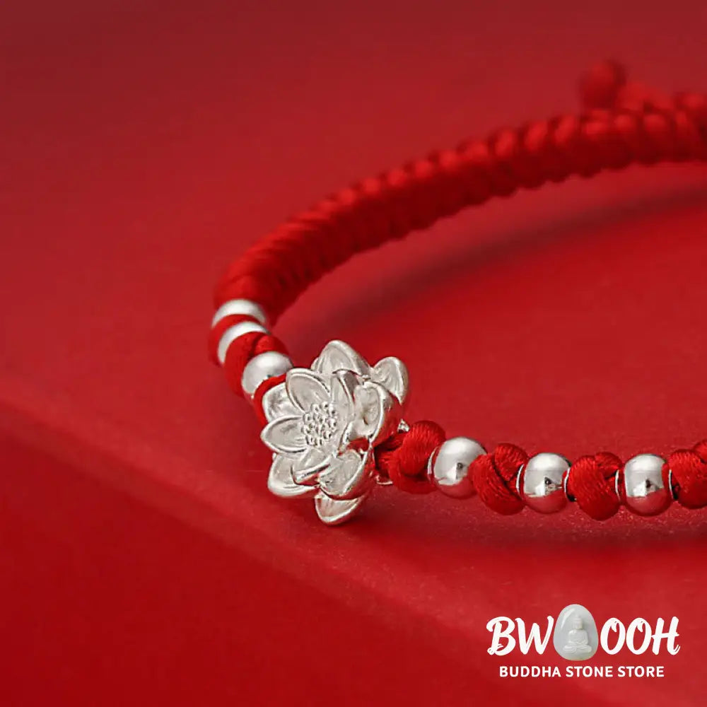 Buddha Stones 999 Sterling Silver Lotus Symbol 990 Sterling Silver Bead Red String Luck Bracelet - Bracelet