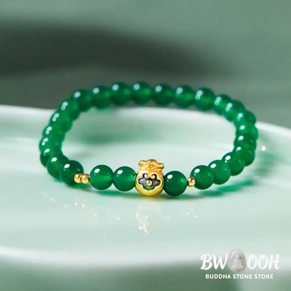 Buddha Stones 999 Sterling Silver Lucky Bag Green Chalcedony Calm Bracelet - Green Chalcedony (Wrist