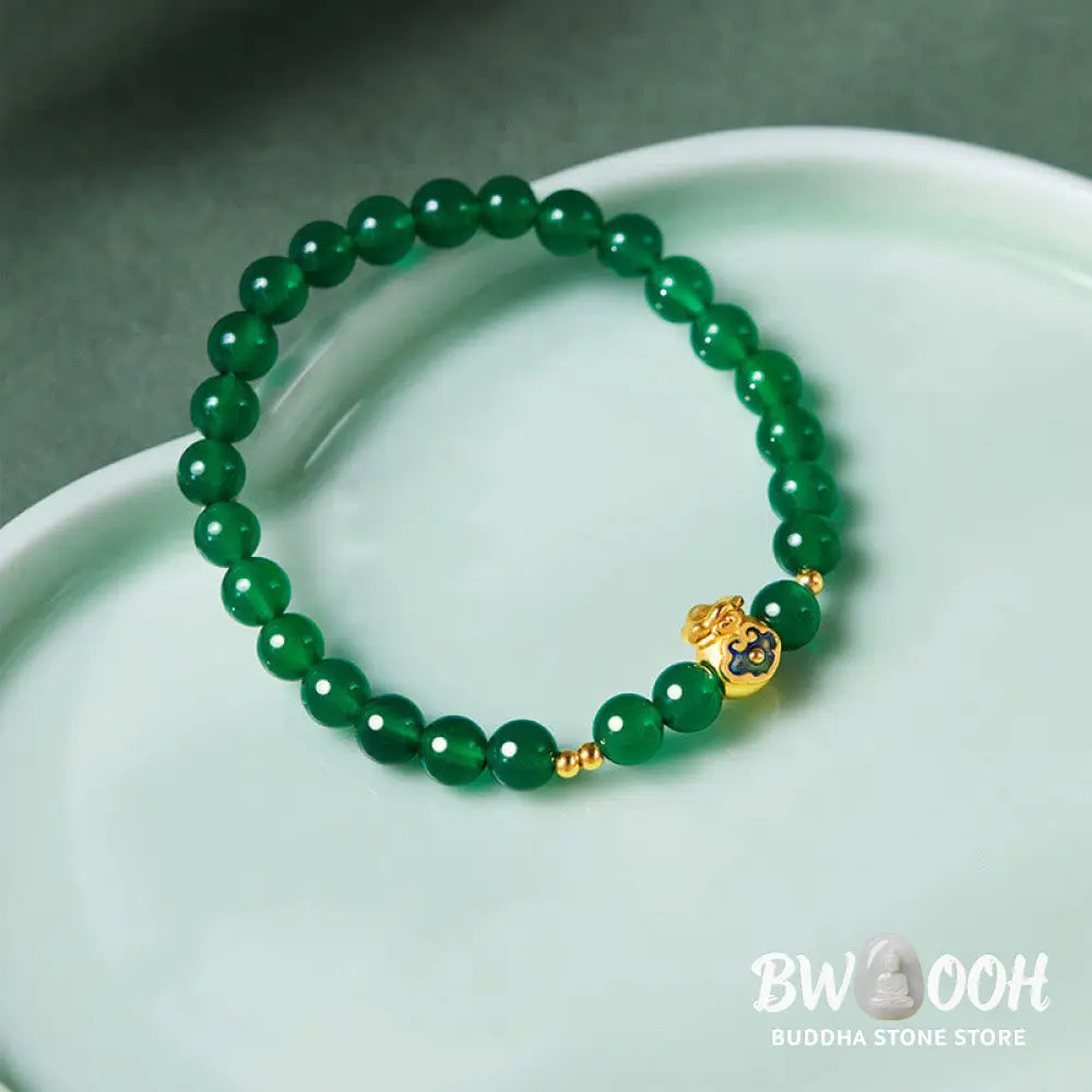 Buddha Stones 999 Sterling Silver Lucky Bag Green Chalcedony Calm Bracelet - Green Chalcedony (Wrist