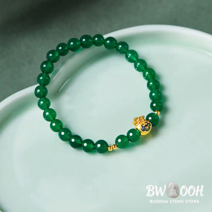 Buddha Stones 999 Sterling Silver Lucky Bag Green Chalcedony Calm Bracelet - Green Chalcedony (Wrist