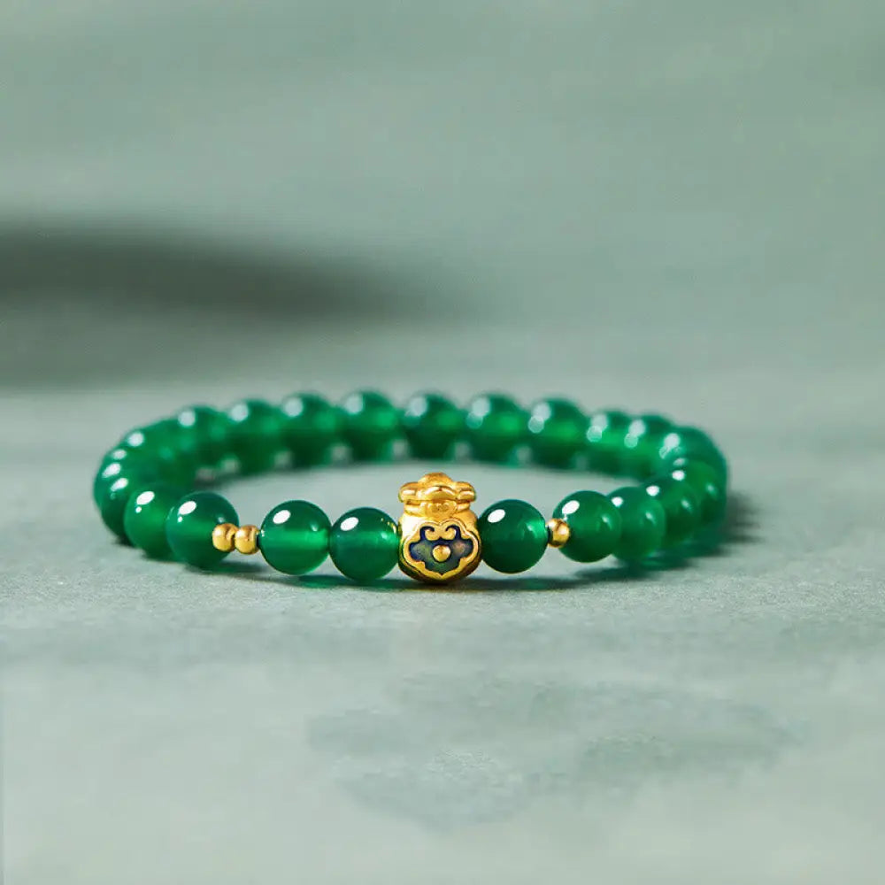 Buddha Stones 999 Sterling Silver Lucky Bag Green Chalcedony Calm Bracelet - Green Chalcedony (Wrist