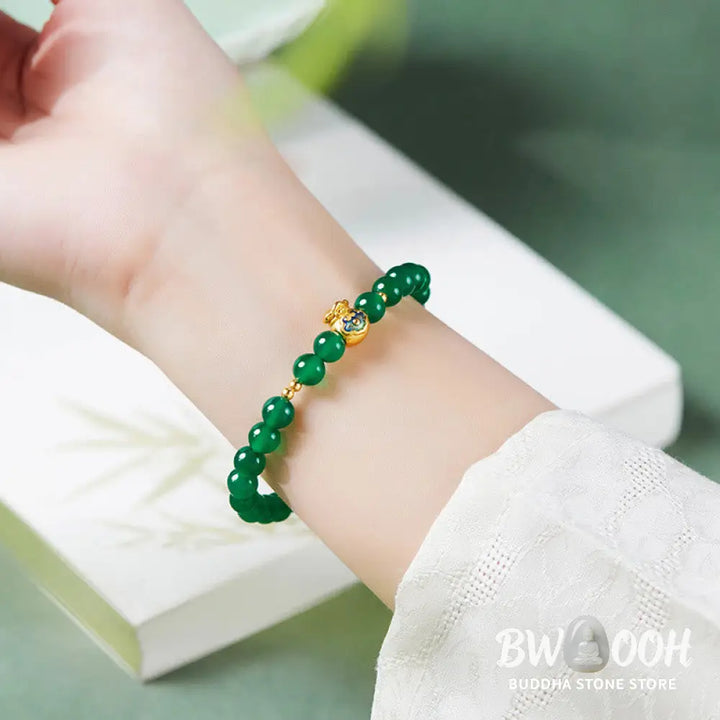 Buddha Stones 999 Sterling Silver Lucky Bag Green Chalcedony Calm Bracelet - Green Chalcedony (Wrist