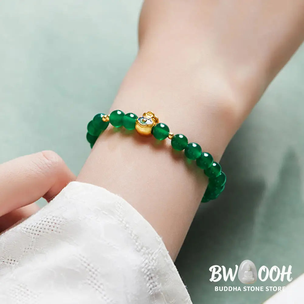 Buddha Stones 999 Sterling Silver Lucky Bag Green Chalcedony Calm Bracelet - Green Chalcedony (Wrist