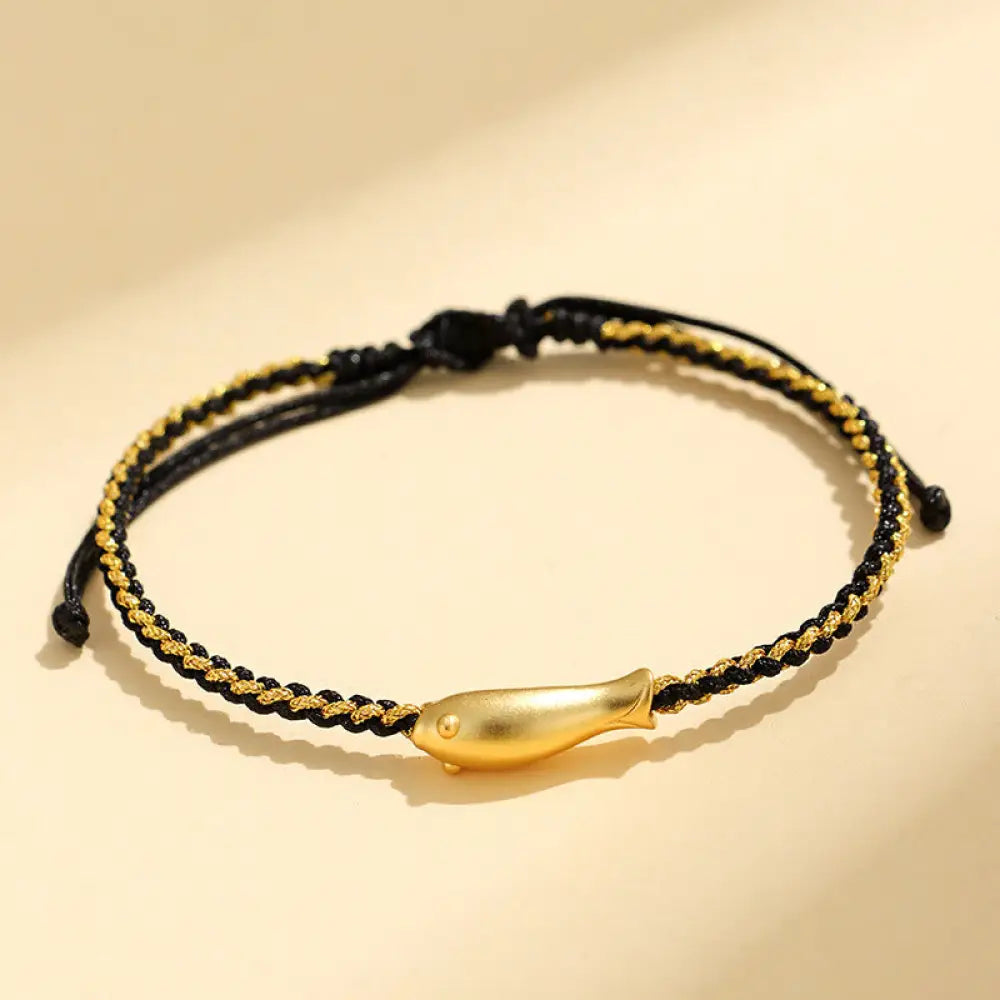 Buddha Stones 999 Sterling Silver Lucky Koi Fish Protection Rope Bracelet - Black Rope(Wrist Circumference: 15-19cm)