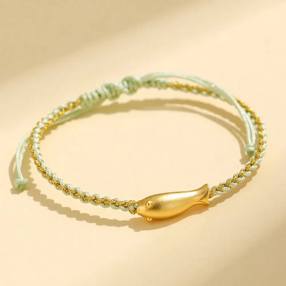 Buddha Stones 999 Sterling Silver Lucky Koi Fish Protection Rope Bracelet - Green Rope(Wrist Circumference: 15-19cm)