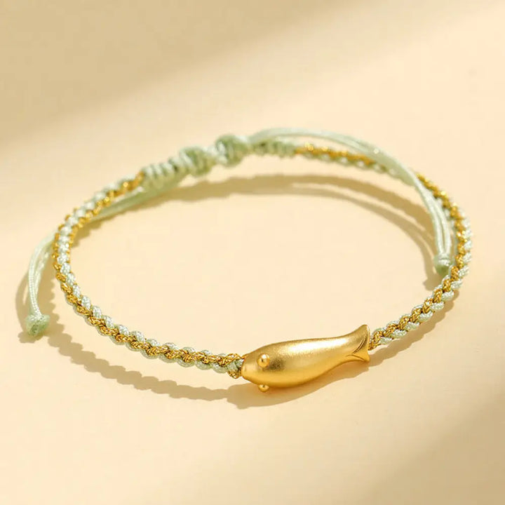Buddha Stones 999 Sterling Silver Lucky Koi Fish Protection Rope Bracelet - Green Rope(Wrist Circumference: 15-19cm)