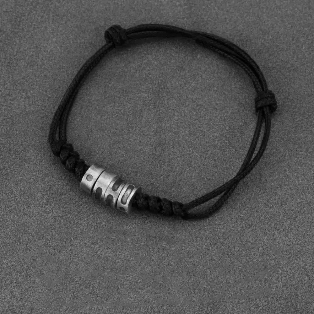 Buddha Stones 999 Sterling Silver Morse Code Wax Rope Blessing Bracelet - BWOOOH - 999 Sterling Silver Black Wax