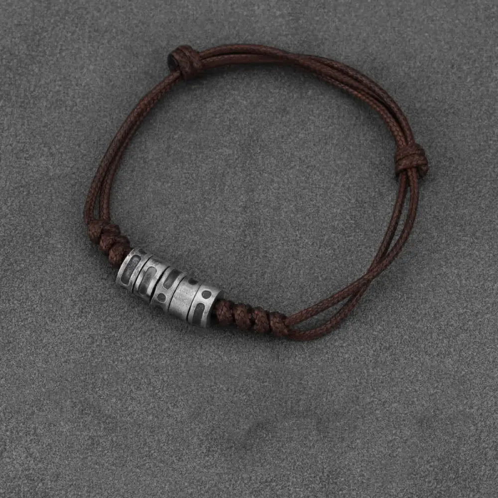 Buddha Stones 999 Sterling Silver Morse Code Wax Rope Blessing Bracelet - BWOOOH - 999 Sterling Silver Brown Wax