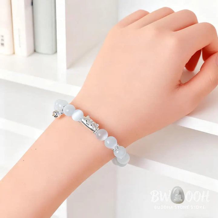 Buddha Stones 999 Sterling Silver Natural Cat Head White Cat’s Eye White Agate Positive Bracelet - Bracelet