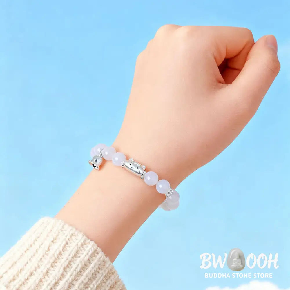 Buddha Stones 999 Sterling Silver Natural Cat Head White Cat’s Eye White Agate Positive Bracelet - Bracelet