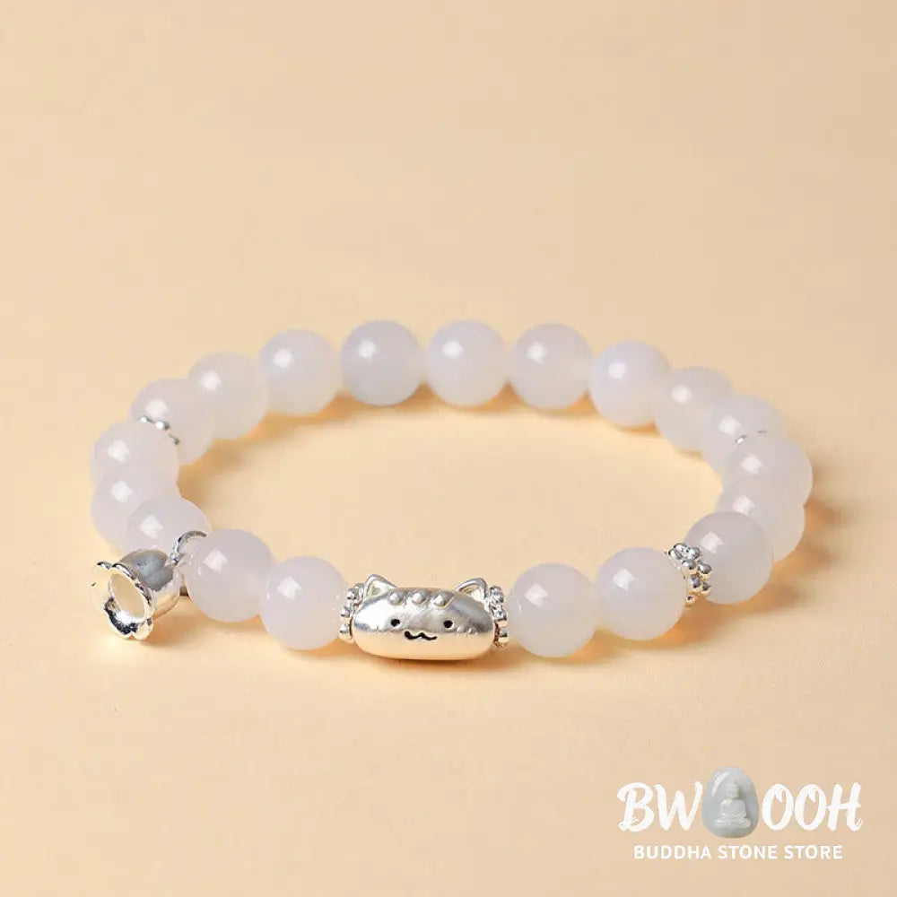 Buddha Stones 999 Sterling Silver Natural Cat Head White Cat’s Eye White Agate Positive Bracelet - Bracelet