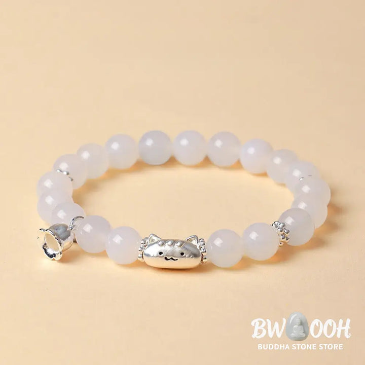 Buddha Stones 999 Sterling Silver Natural Cat Head White Cat’s Eye White Agate Positive Bracelet - Bracelet