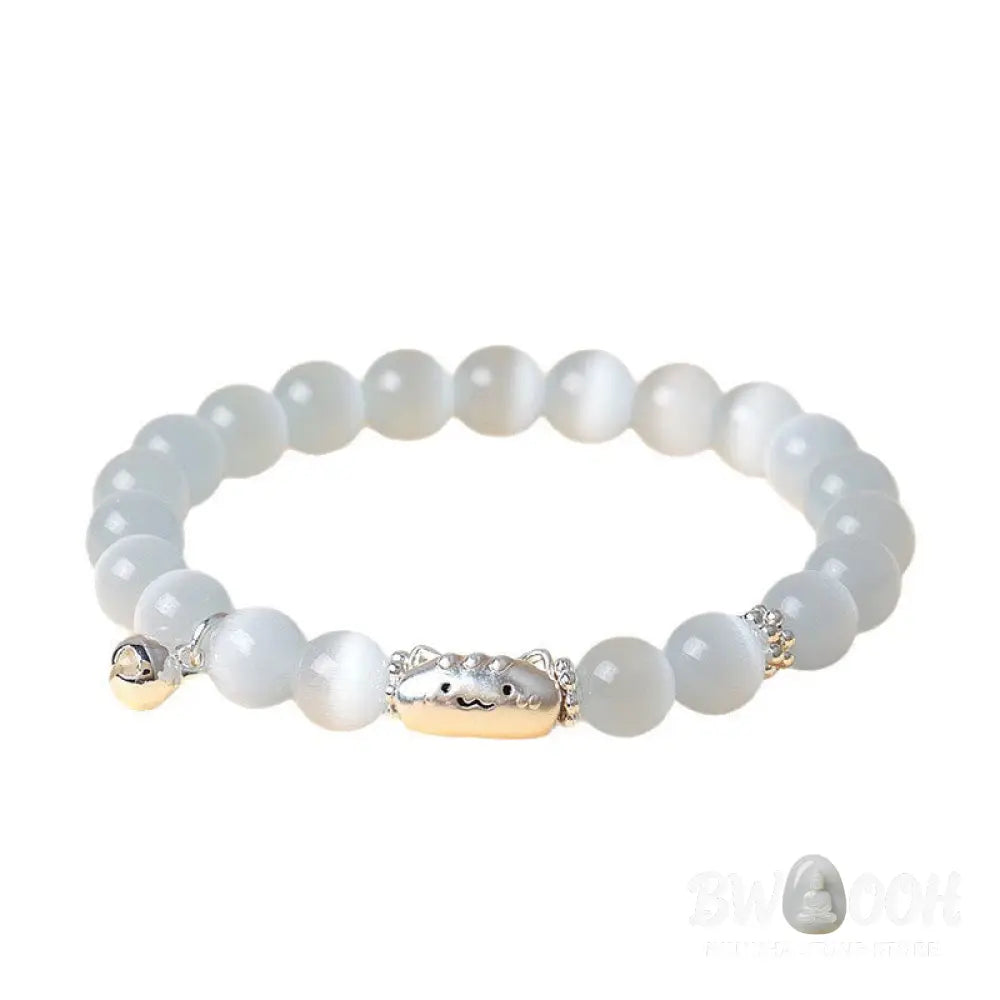 Buddha Stones 999 Sterling Silver Natural Cat Head White Cat’s Eye White Agate Positive Bracelet - Bracelet