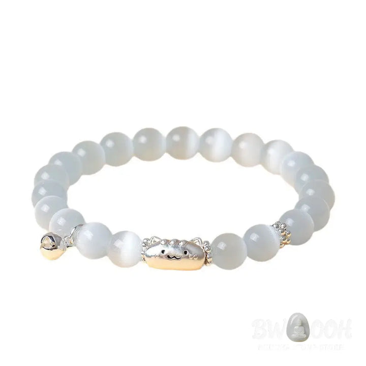 Buddha Stones 999 Sterling Silver Natural Cat Head White Cat’s Eye White Agate Positive Bracelet - Bracelet