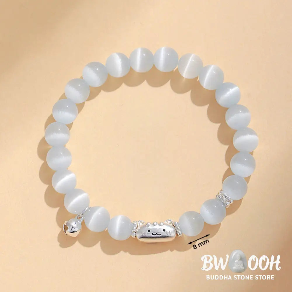 Buddha Stones 999 Sterling Silver Natural Cat Head White Cat’s Eye White Agate Positive Bracelet - Bracelet