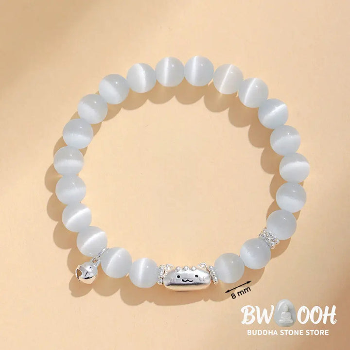 Buddha Stones 999 Sterling Silver Natural Cat Head White Cat’s Eye White Agate Positive Bracelet - Bracelet