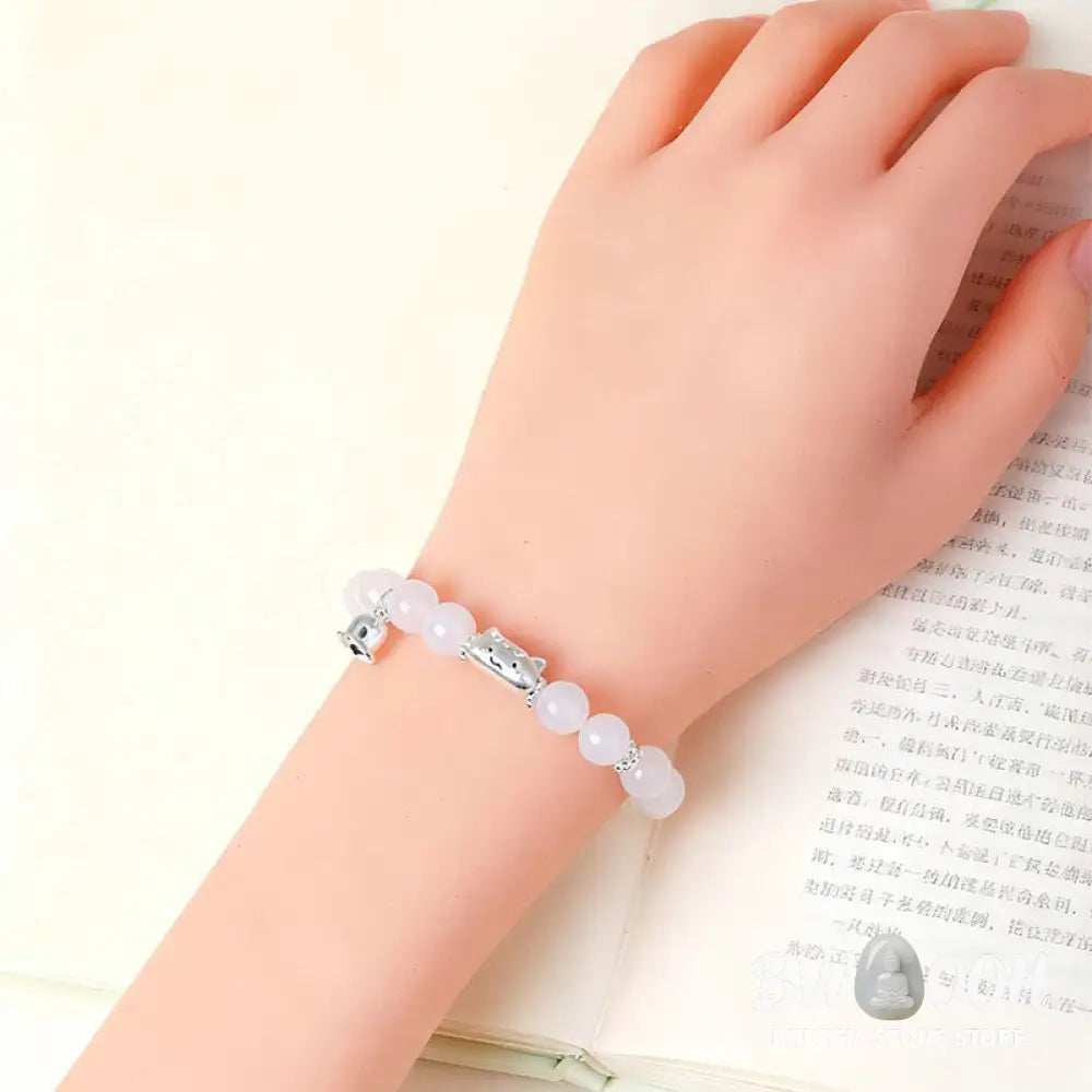 Buddha Stones 999 Sterling Silver Natural Cat Head White Cat’s Eye White Agate Positive Bracelet - Bracelet