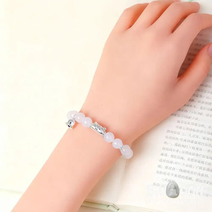 Buddha Stones 999 Sterling Silver Natural Cat Head White Cat’s Eye White Agate Positive Bracelet - Bracelet